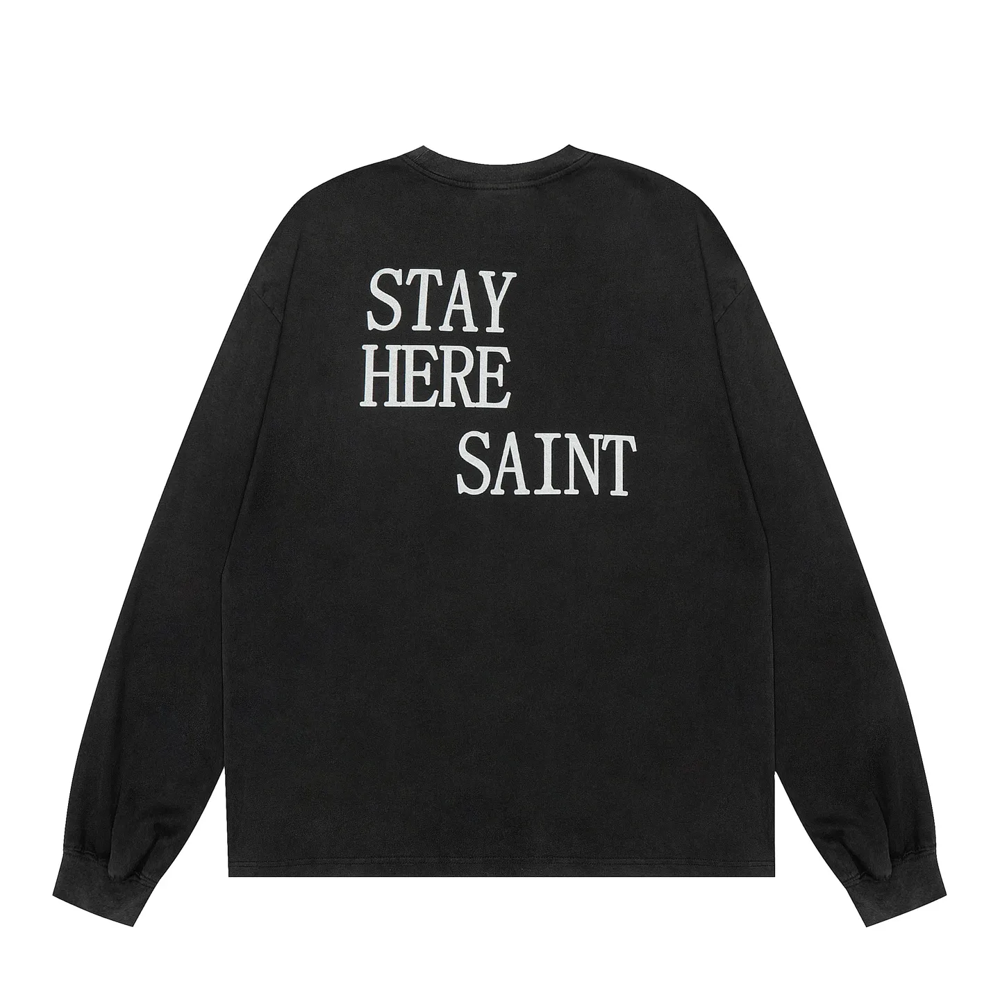 VT438 P160💰 Saint Michael 25SS new "STAY HERE" Star Wars joint letter print direct-injection printing retro washed distressed long-sleeved T-shirt small neck design digital direct-injection printing high street retro heavy distressed washed Vintage long sleeves Size: S M L XL